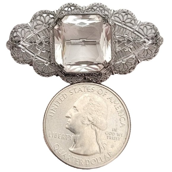 Silver Tone Rhodium Plated Art Deco Clear Rhinestone Filigree Brooch Pin E199 - Picture 6 of 9